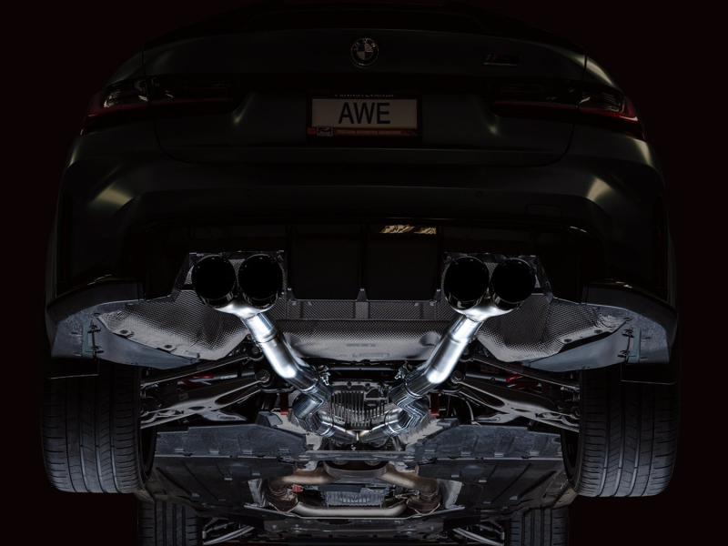 BMW M4 Performance Exhaust - AWE Tuning - Track Edition Cat-Back with quad 4.5-inch double-walled slash-cut tips; dual 3-inch configuration with X-pipe; valve simulators included - Diamond Black - `21-`27